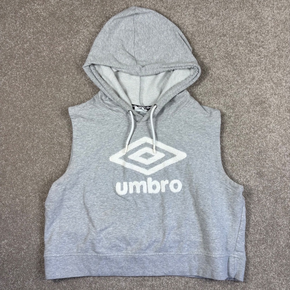 Umbro Womens XL Heather Gray Sleeveless Cropped Hoodie Chenille Logo Pullover